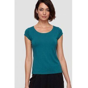 Eileen Fisher | 100% Silk Short Sleeve Blouse Minimalist Teal Tee | Petite Small
